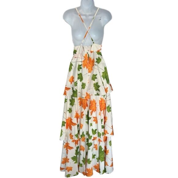 ORIANA RIVERA Tree Leaves Printed Maxi Dress in Fall Ruffles Size L. - Picture 4 of 8